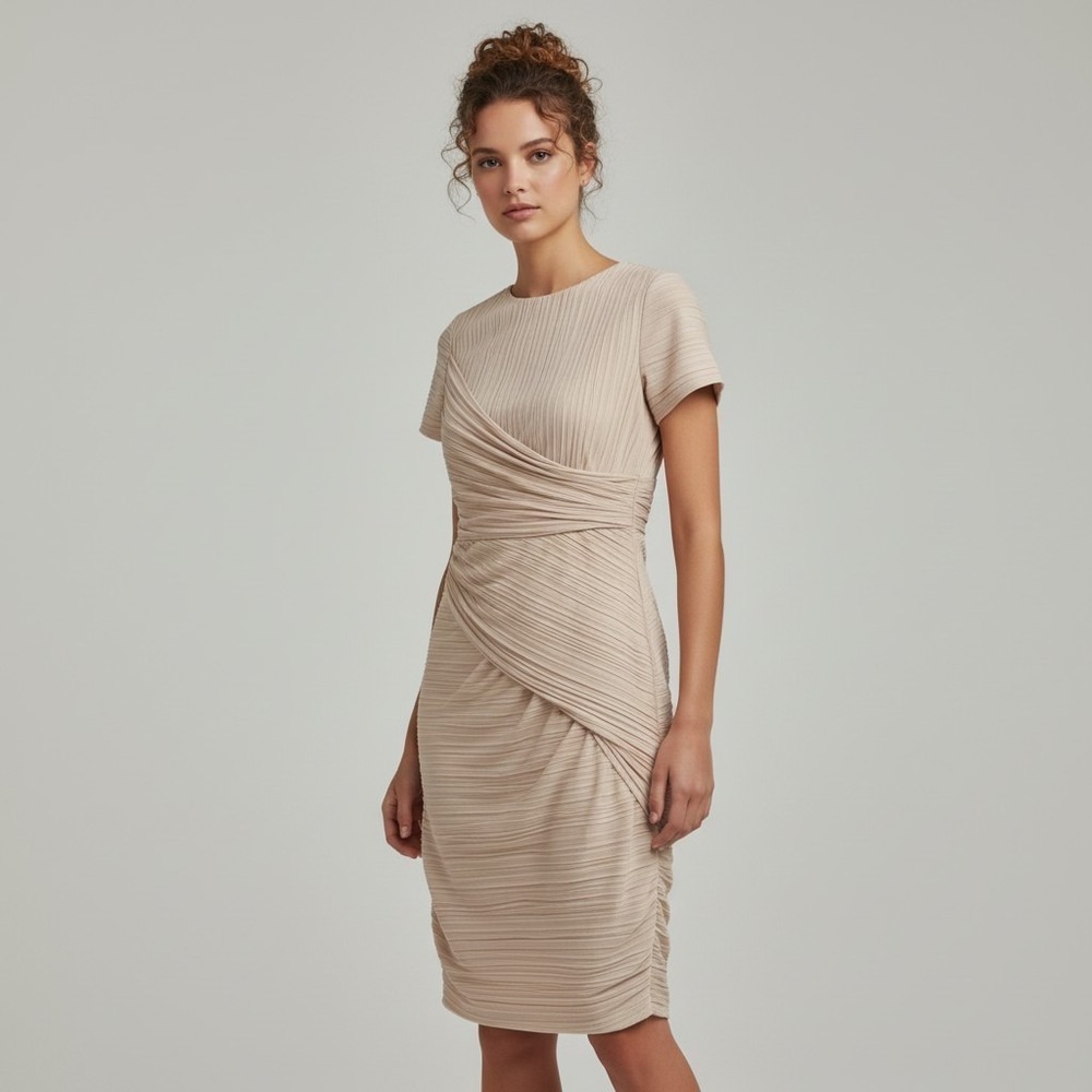 Halston Heritage Beige "Silk Rain" Pleated Dress Sz 0 Shirred Bodycon Cocktail